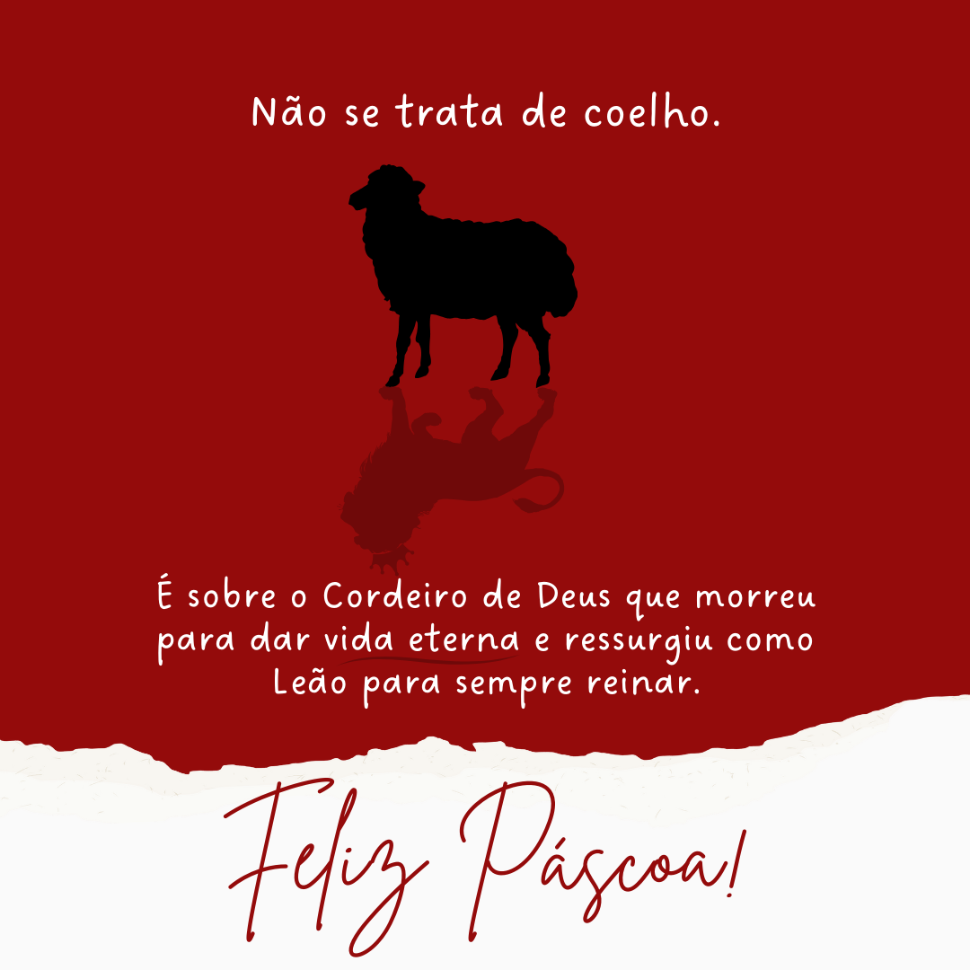 Não se trata de coelho. É sobre o Cordeiro de Deus que morreu para dar vida eterna e ressurgiu como Leão para sempre reinar. Feliz Páscoa!