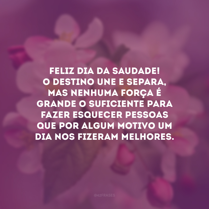 Feliz Dia da Saudade! O destino une e separa, mas nenhuma força é grande o suficiente para fazer esquecer pessoas que por algum motivo um dia nos fizeram melhores.