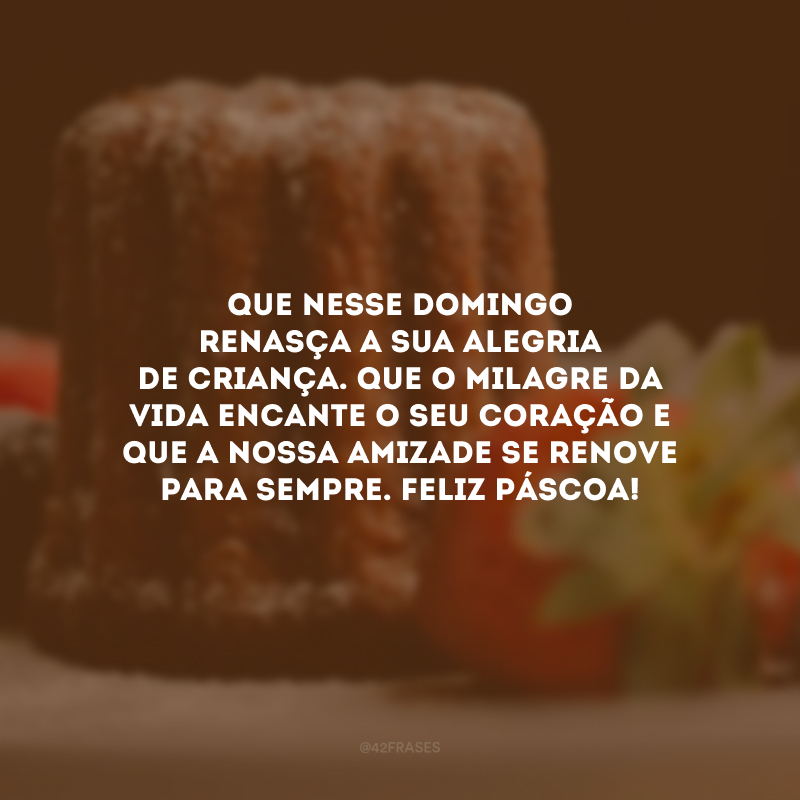 Que nesse domingo renasça a sua alegria de criança. Que o milagre da vida encante o seu coração e que a nossa amizade se renove para sempre. Feliz Páscoa!