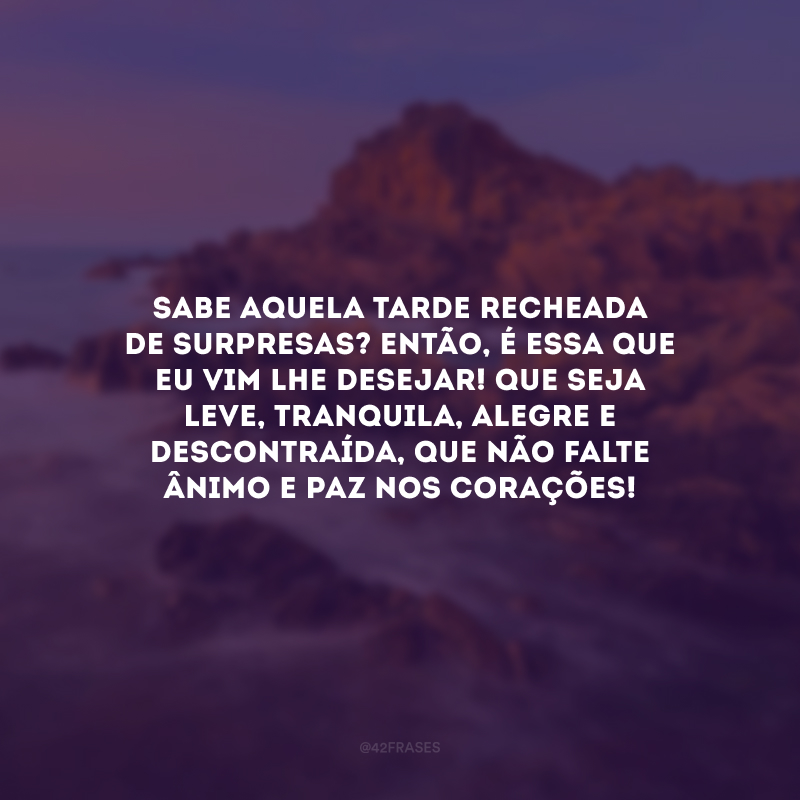 Sabe aquela tarde recheada de surpresas? Então, é essa que eu vim lhe desejar! Que seja leve, tranquila, alegre e descontraída, que não faltem ânimo e paz nos corações!