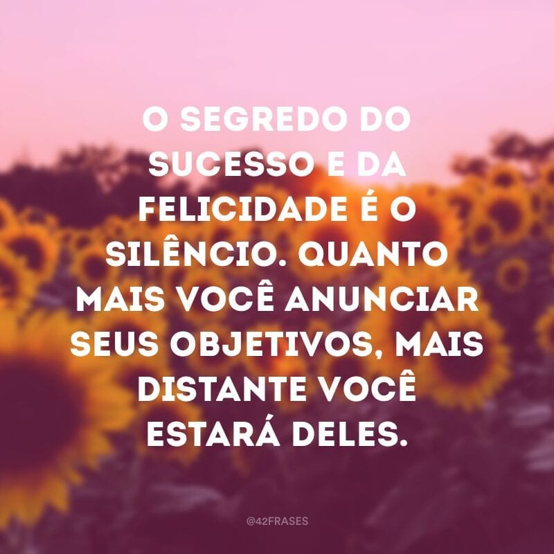 O segredo do sucesso e da felicidade é o silêncio. Quanto mais você anunciar seus objetivos, mais distante você estará deles.