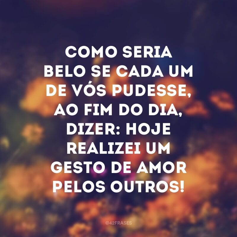 Como seria belo se cada um de vós pudesse, ao fim do dia, dizer: hoje realizei um gesto de amor pelos outros!