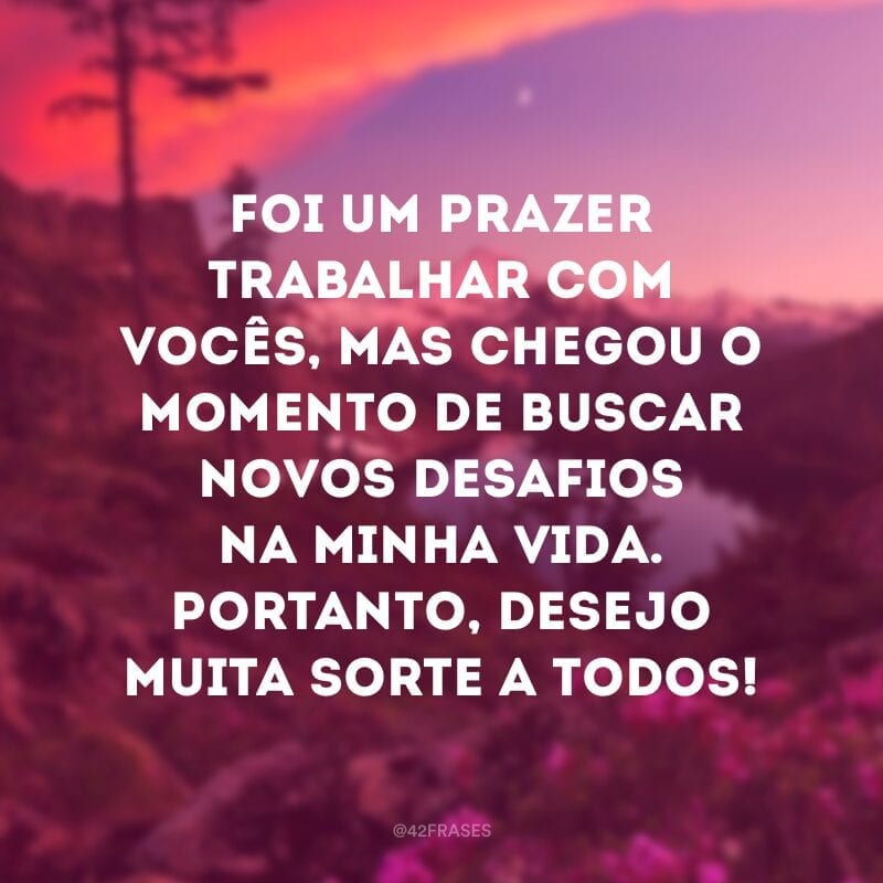 Foi um prazer trabalhar com vocês, mas chegou o momento de buscar novos desafios na minha vida. Portanto, desejo muita sorte a todos!