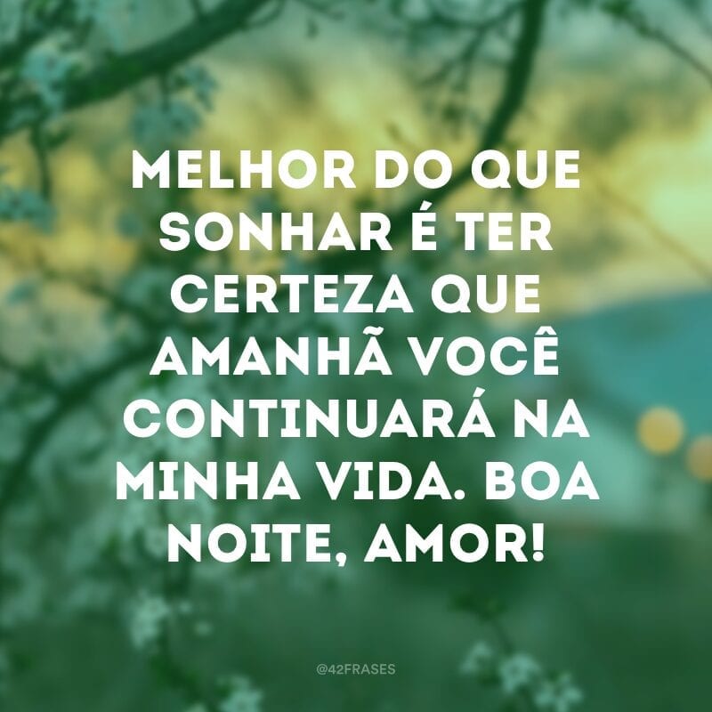 Melhor do que sonhar é ter certeza que amanhã você continuará na minha vida. Boa noite, amor!