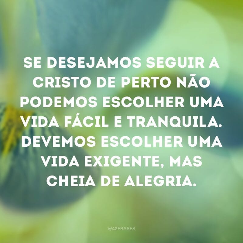 Se desejamos seguir a Cristo de perto não podemos escolher uma vida fácil e tranquila. Devemos escolher uma vida exigente, mas cheia de alegria.