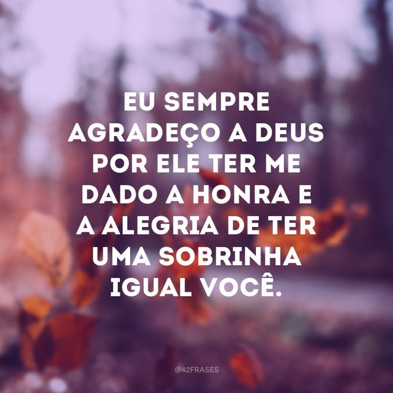 Eu sempre agradeço a Deus por ele ter me dado a honra e a alegria de ter uma sobrinha igual você.