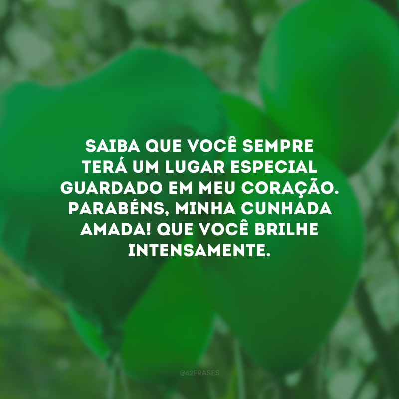 Saiba que você sempre terá um lugar especial guardado em meu coração. Parabéns, minha cunhada amada! Que você brilhe intensamente.