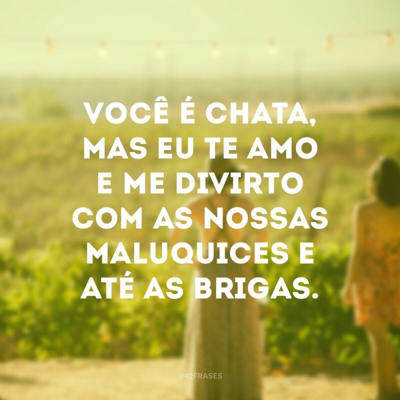 Você é chata, mas eu te amo e me divirto com as nossas maluquices e até as brigas.