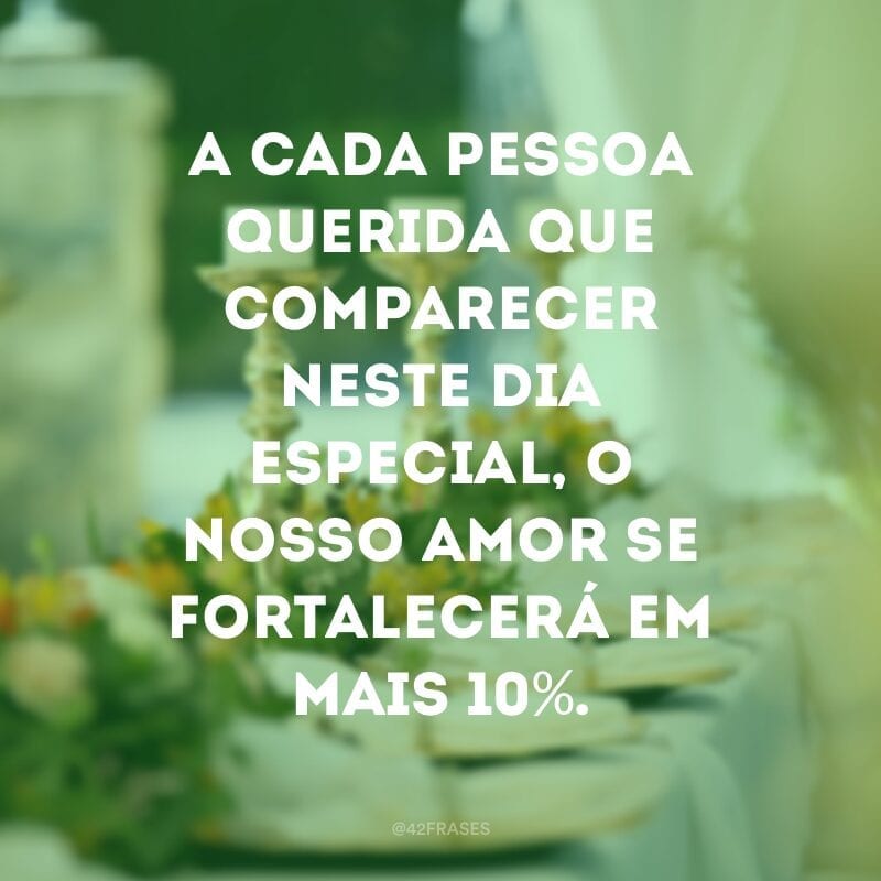 A cada pessoa querida que comparecer neste dia especial, o nosso amor se fortalecerá em mais 10%.