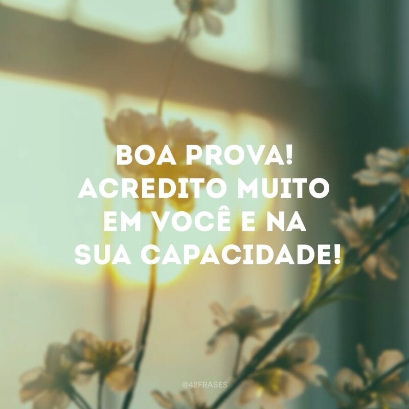 Boa prova! Acredito muito em você e na sua capacidade!