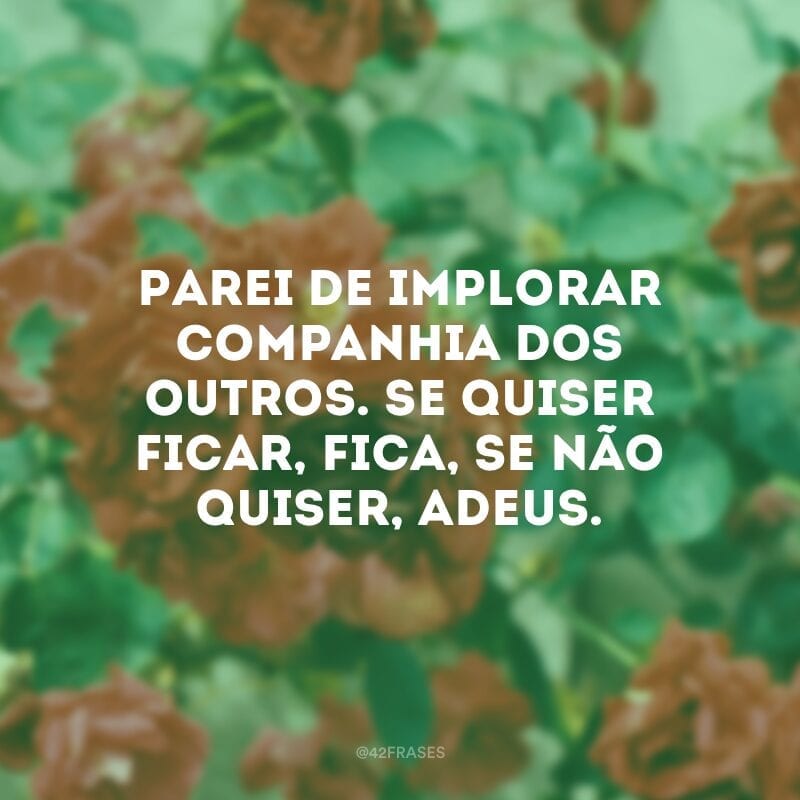 Parei de implorar companhia dos outros. Se quiser ficar, fica, se não quiser, adeus. 