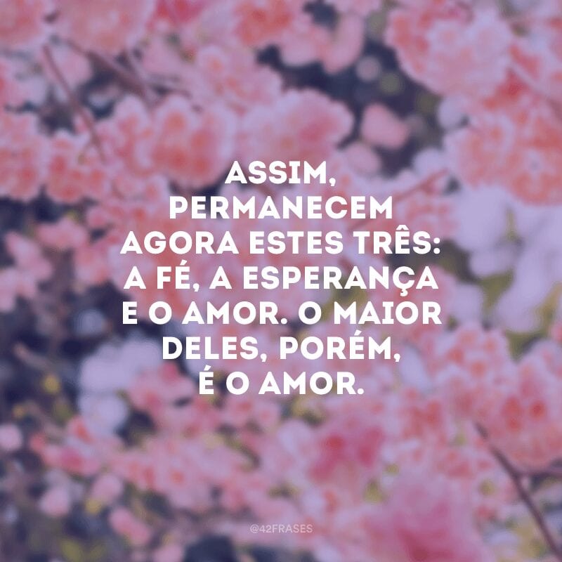 Assim, permanecem agora estes três: a fé, a esperança e o amor. O maior deles, porém, é o amor.  