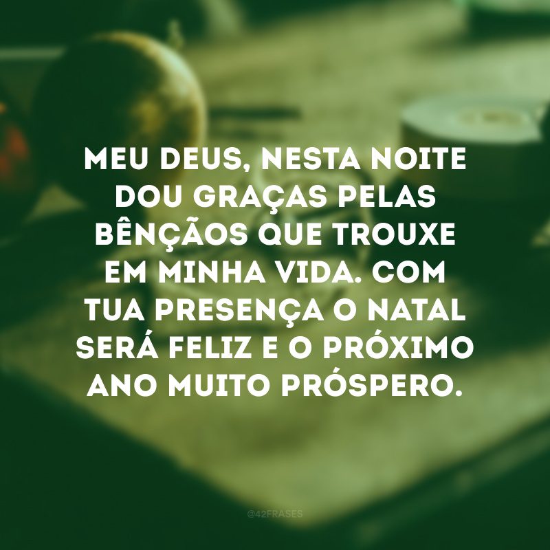 Meu Deus, nesta noite dou graças pela minha família, pelos meus amigos, pelas bênçãos que trouxe em minha vida. Com tua presença o Natal será feliz e o próximo ano muito próspero.