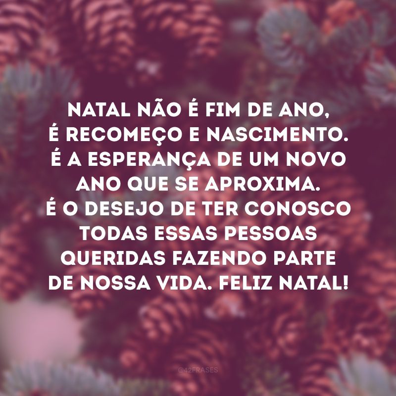 Natal não é fim de ano, é recomeço e nascimento. É a esperança de um novo ano que se aproxima. É o desejo de ter conosco todas essas pessoas queridas fazendo parte de nossa vida. Feliz Natal!