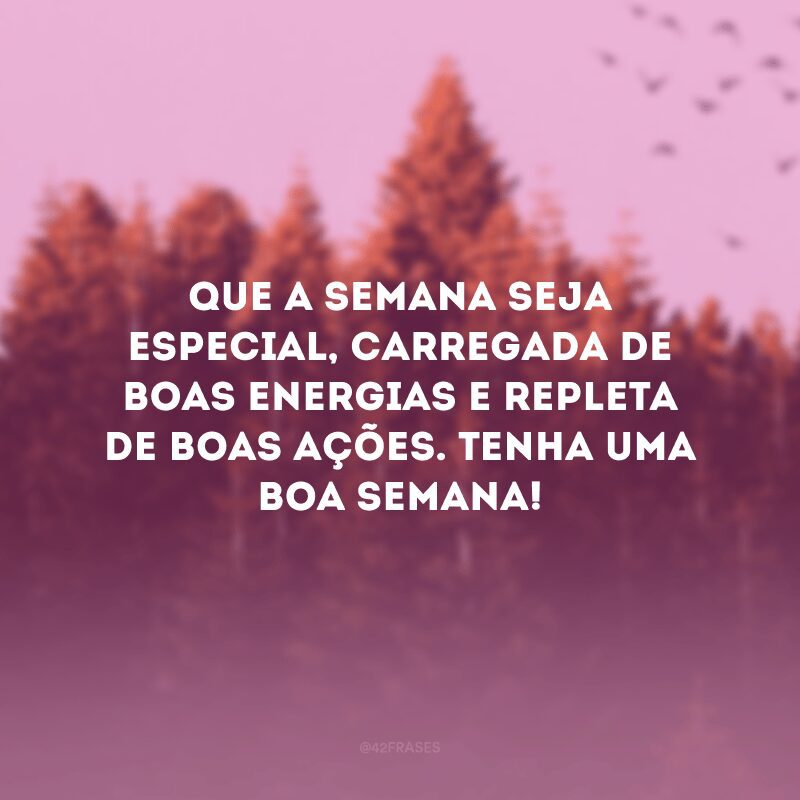 Que a semana seja especial, carregada de boas energias e repleta de boas ações. Tenha uma boa semana!