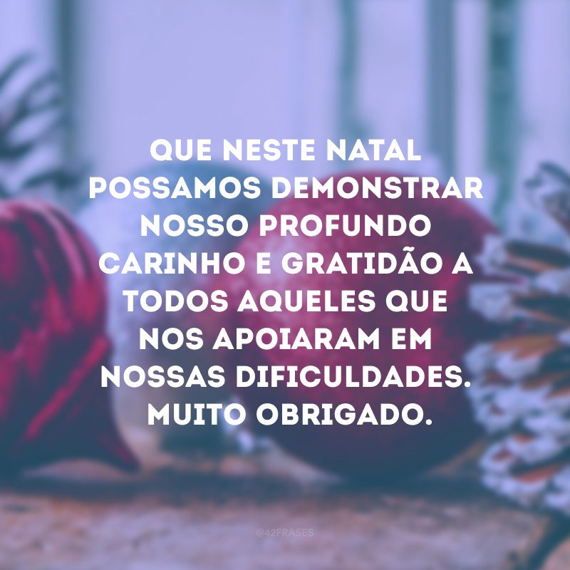 Que neste Natal possamos demonstrar nosso profundo carinho e gratidão a todos aqueles que nos apoiaram em nossas dificuldades. Meu muito obrigado e Feliz Natal.