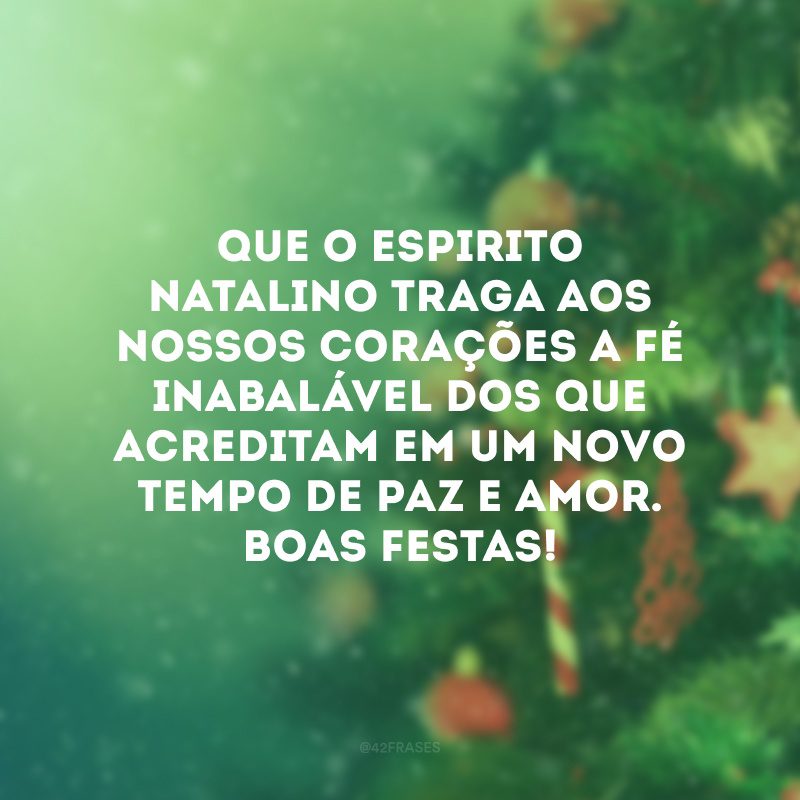 Que o espirito natalino traga aos nossos corações a fé inabalável dos que acreditam em um novo tempo de paz e amor. Boas Festas!