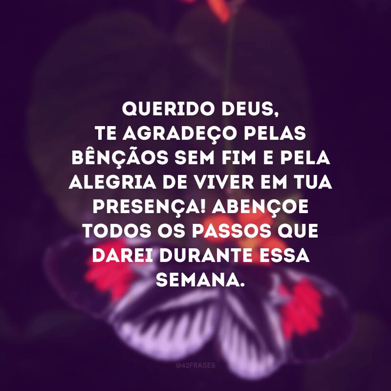 Querido Deus, te agradeço pelas bênçãos sem fim e pela alegria de viver em Tua presença! Abençoe todos os passos que darei durante essa semana. 