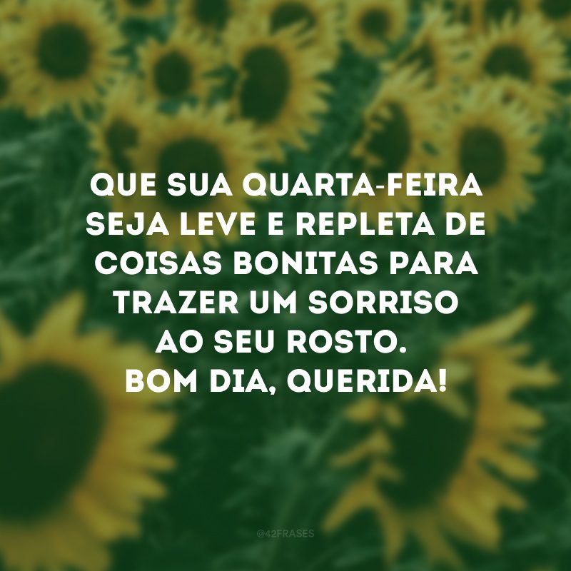 Que sua quarta-feira seja leve e repleta de coisas bonitas para trazer um sorriso ao seu rosto. Bom dia, querida!