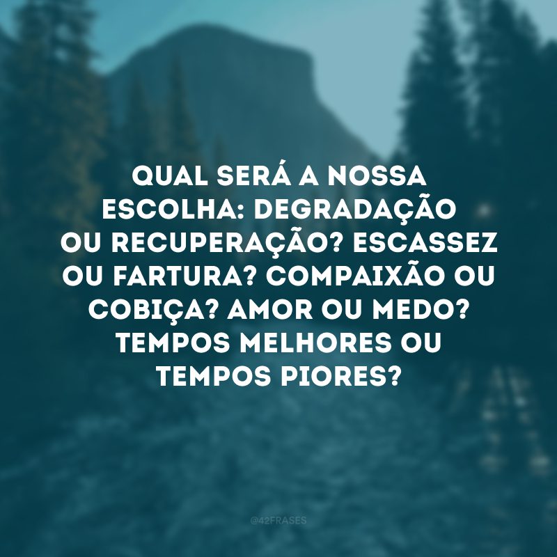 Qual será a nossa escolha: degradação ou recuperação? Escassez ou fartura? Compaixão ou cobiça? Amor ou medo? Tempos melhores ou tempos piores? 