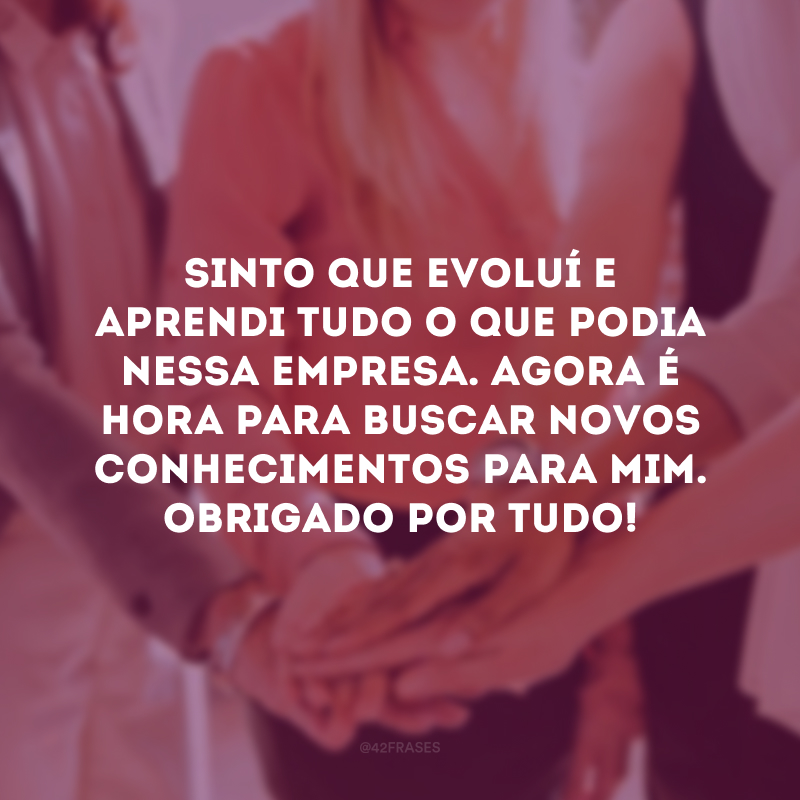 Sinto que evoluí e aprendi tudo o que podia nessa empresa. Agora é hora para buscar novos conhecimentos para mim. Obrigado por tudo!