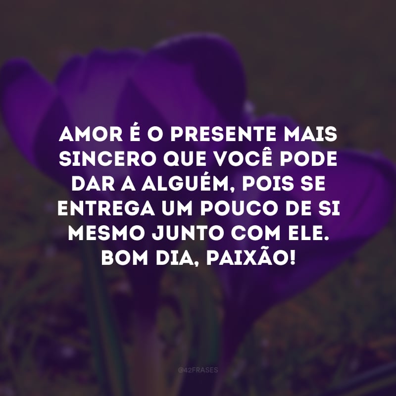 Amor é o presente mais sincero que você pode dar a alguém, pois se entrega um pouco de si mesmo junto com ele. Bom dia, paixão!
