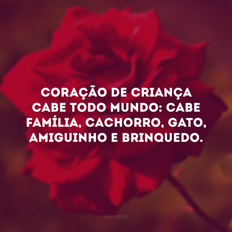 Coração de criança cabe todo mundo: cabe família, cachorro, gato, amiguinho e brinquedo. 