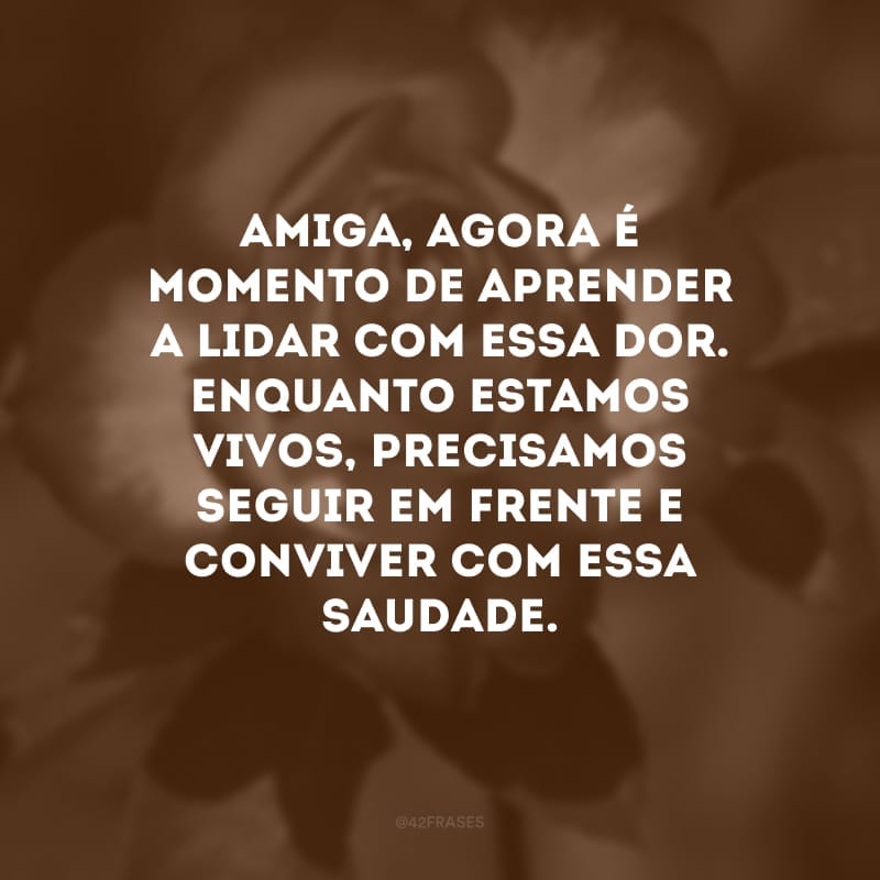 Amiga, agora é momento de aprender a lidar com essa dor. Enquanto estamos vivos, precisamos seguir em frente e conviver com essa saudade.