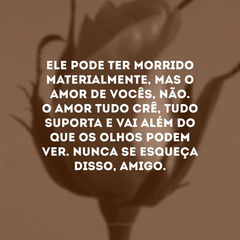 Ele pode ter morrido materialmente, mas o amor de vocês, não. O amor tudo crê, tudo suporta e vai além do que os olhos podem ver. Nunca se esqueça disso, amigo.