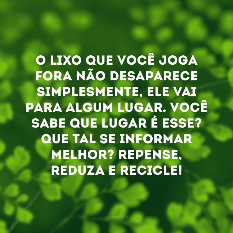 O lixo que você joga fora não desaparece simplesmente, ele vai para algum lugar. Você sabe que lugar é esse? Que tal se informar melhor? Repense, reduza e recicle! 