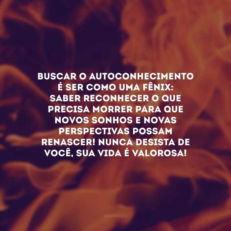 Buscar o autoconhecimento é ser como uma fênix: saber reconhecer o que precisa morrer para que novos sonhos e novas perspectivas possam renascer! Nunca desista de você, sua vida é valorosa!