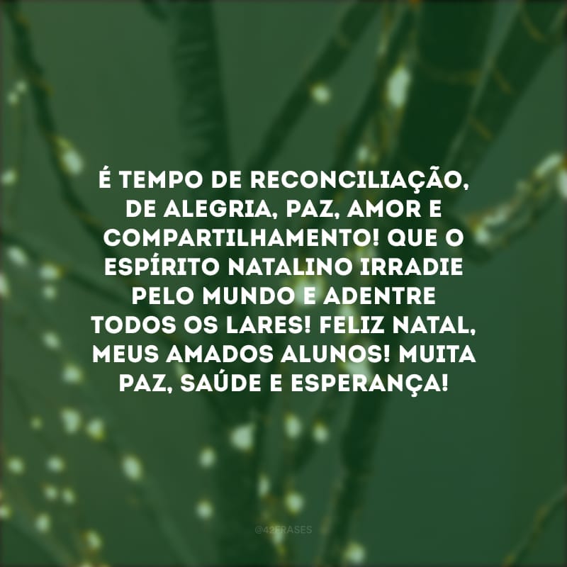 É tempo de reconciliação, de alegria, paz, amor e compartilhamento! Que o espírito natalino irradie pelo mundo e adentre todos os lares! Feliz Natal, meus amados alunos! Muita paz, saúde e esperança!