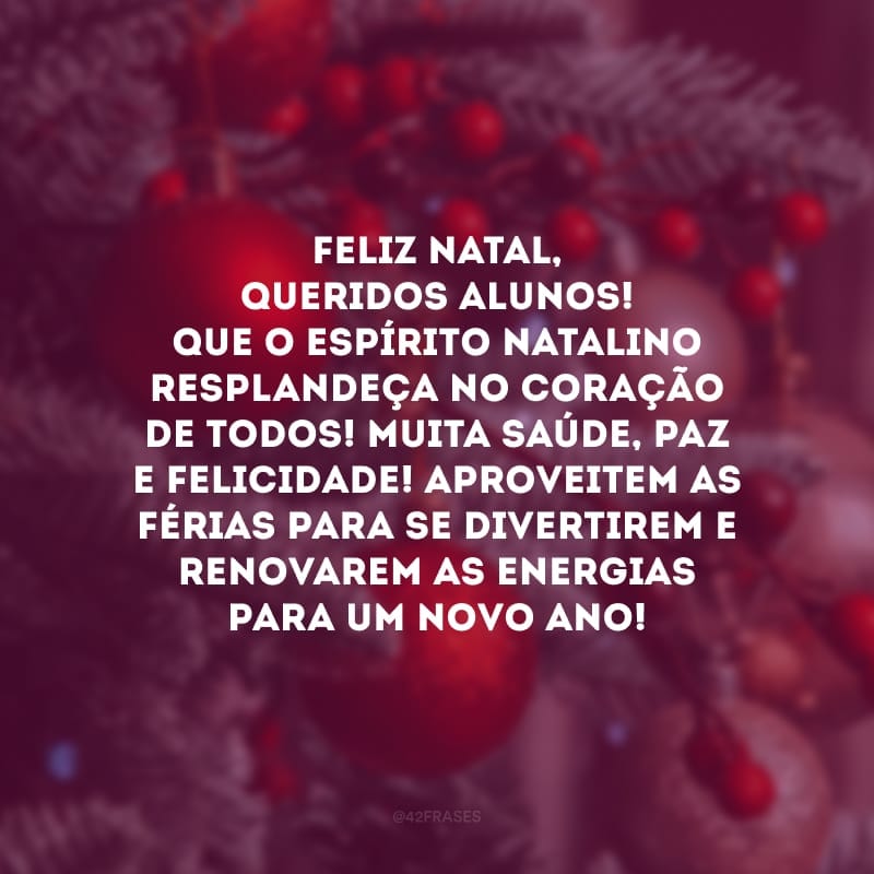 Feliz Natal, queridos alunos! Que o espírito natalino resplandeça no coração de todos! Muita saúde, paz e felicidade! Aproveitem as férias para se divertirem e renovarem as energias para um novo ano!