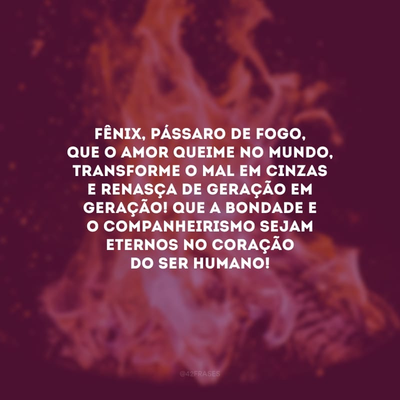 Fênix, pássaro de fogo, que o amor queime no mundo, transforme o mal em cinzas e renasça de geração em geração! Que a bondade e o companheirismo sejam eternos no coração do ser humano!