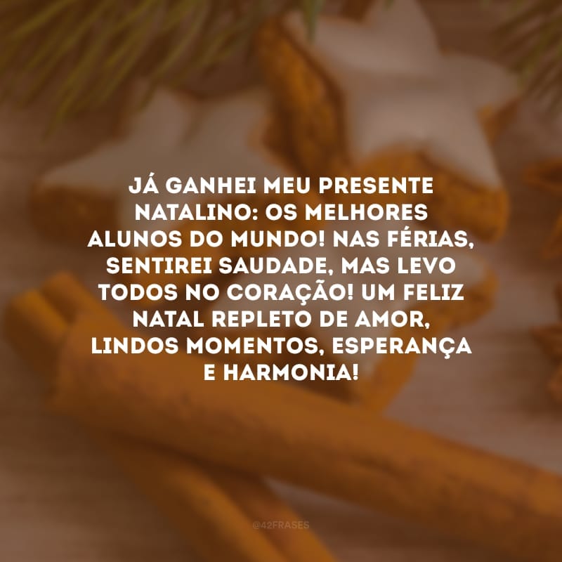 Já ganhei meu presente natalino: os melhores alunos do mundo! Nas férias, sentirei saudade, mas levo todos no coração! Um Feliz Natal repleto de amor, lindos momentos, esperança e harmonia!