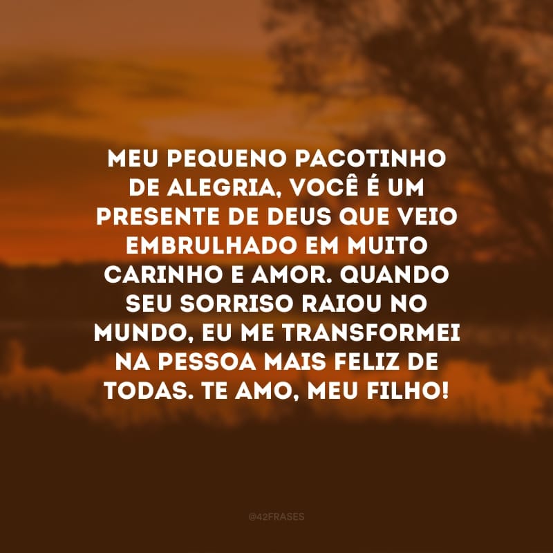 Meu pequeno pacotinho de alegria, você é um presente de Deus que veio embrulhado em muito carinho e amor. Quando seu sorriso raiou no mundo, eu me transformei na pessoa mais feliz de todas. Te amo, meu filho!