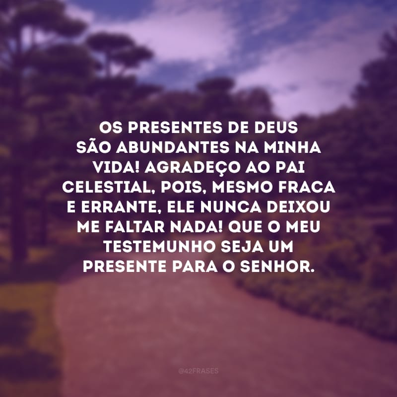 Os presentes de Deus são abundantes na minha vida! Agradeço ao Pai Celestial, pois, mesmo fraca e errante, Ele nunca deixou me faltar nada! Que o meu testemunho seja um presente para o Senhor.