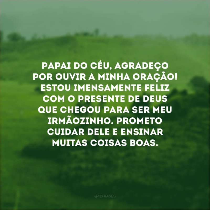 Papai do Céu, agradeço por ouvir a minha oração! Estou imensamente feliz com o presente de Deus que chegou para ser meu irmãozinho. Prometo cuidar dele e ensinar muitas coisas boas.