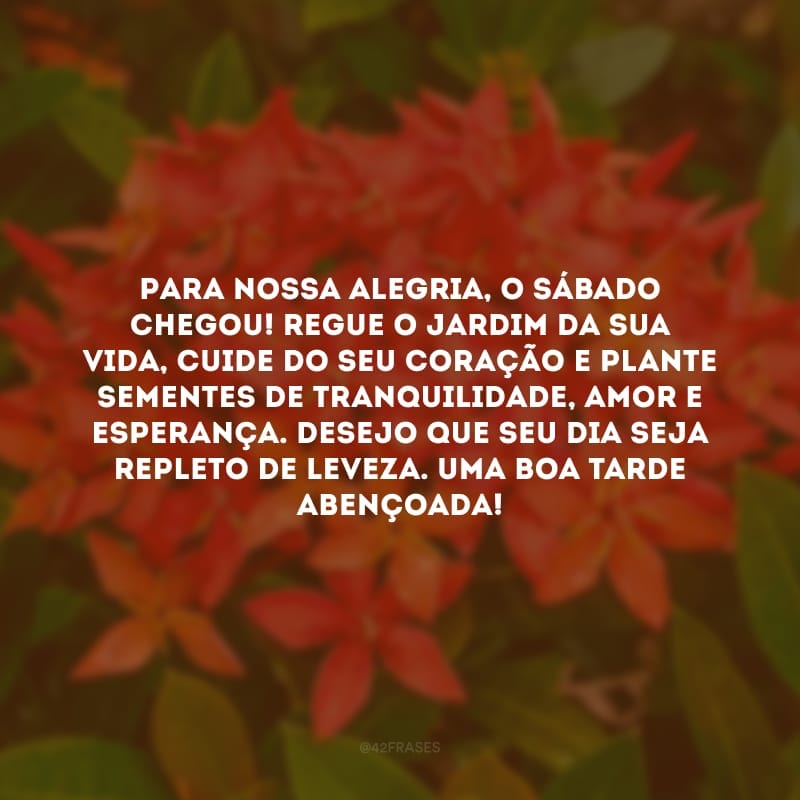 Para nossa alegria, o sábado chegou! Regue o jardim da sua vida, cuide do seu coração e plante sementes de tranquilidade, amor e esperança. Desejo que seu dia seja repleto de leveza. Uma boa tarde abençoada! 