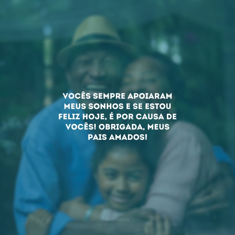 Vocês sempre apoiaram meus sonhos e se estou feliz hoje, é por causa de vocês! Obrigada, meus pais amados!