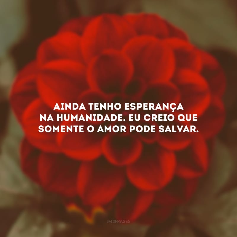 Ainda tenho esperança na humanidade. Eu creio que somente o amor pode salvar.