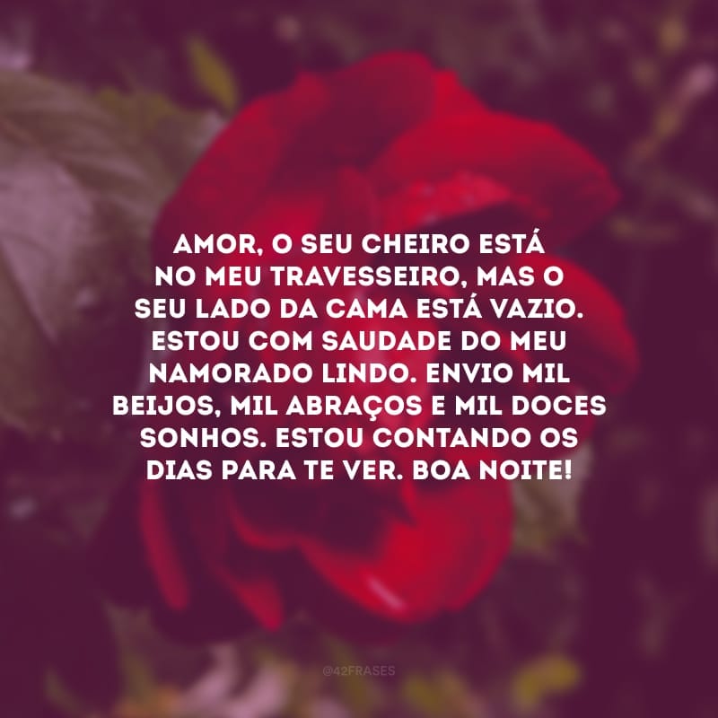 Amor, o seu cheiro está no meu travesseiro, mas o seu lado da cama está vazio. Estou com saudade do meu namorado lindo. Envio mil beijos, mil abraços e mil doces sonhos. Estou contando os dias para te ver. Boa noite!