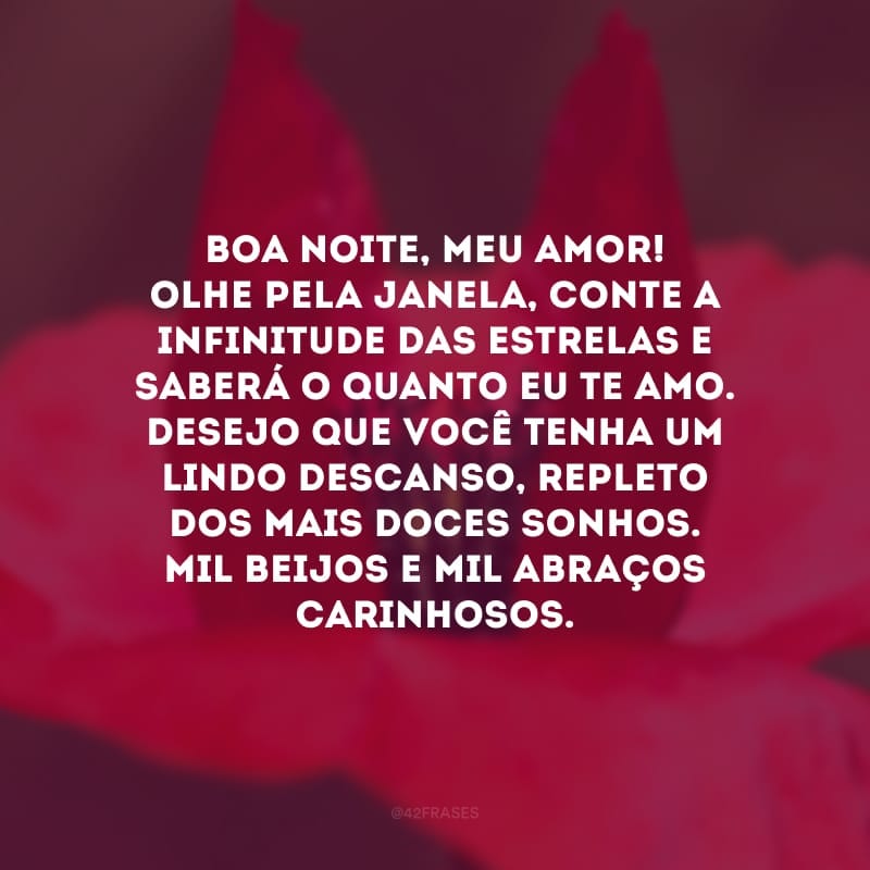 Boa noite, meu amor! Olhe pela janela, conte a infinitude das estrelas e saberá o quanto eu te amo. Desejo que você tenha um lindo descanso, repleto dos mais doces sonhos. Mil beijos e mil abraços carinhosos.