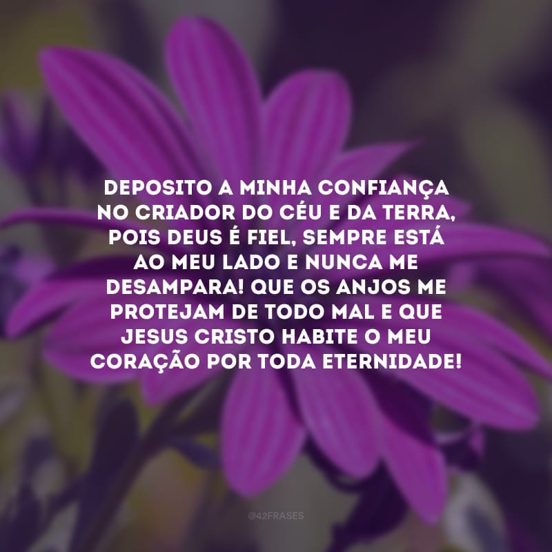 Deposito a minha confiança no Criador do Céu e da Terra, pois Deus é fiel, sempre está ao meu lado e nunca me desampara! Que os anjos me protejam de todo mal e que Jesus Cristo habite o meu coração por toda Eternidade!