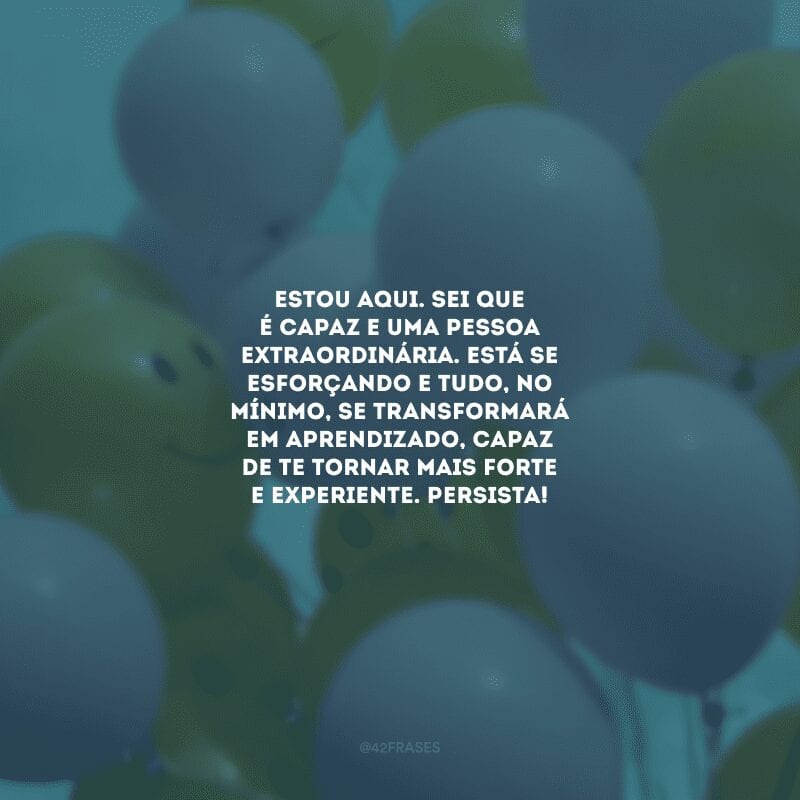 Estou aqui. Sei que é capaz e uma pessoa extraordinária. Está se esforçando e tudo, no mínimo, se transformará em aprendizado, capaz de te tornar mais forte e experiente. Persista!