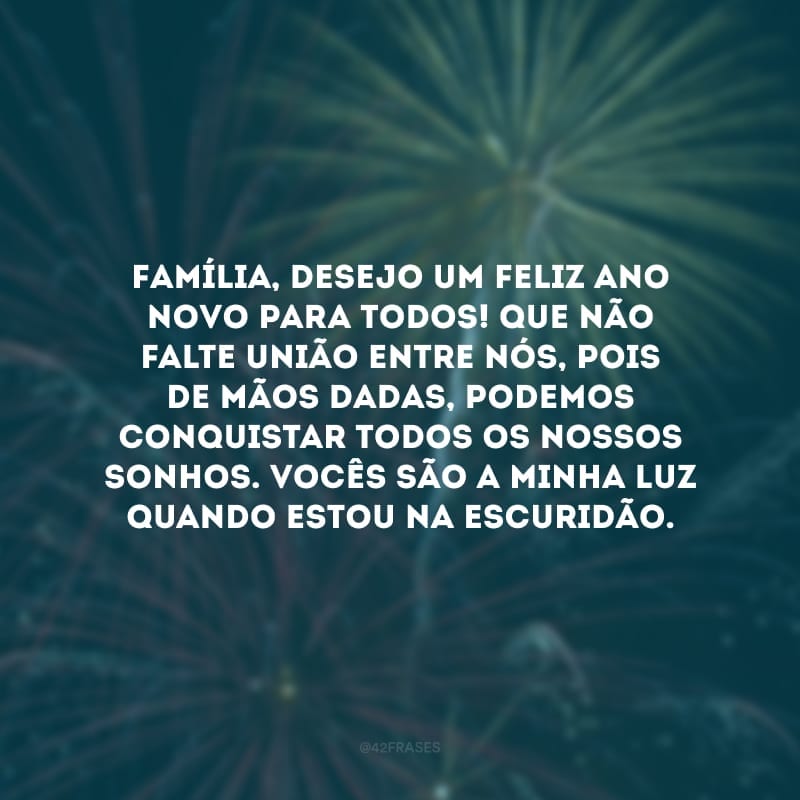 Família, desejo um feliz Ano Novo para todos! Que não falte união entre nós, pois de mãos dadas, podemos conquistar todos os nossos sonhos. Vocês são a minha luz quando estou na escuridão.