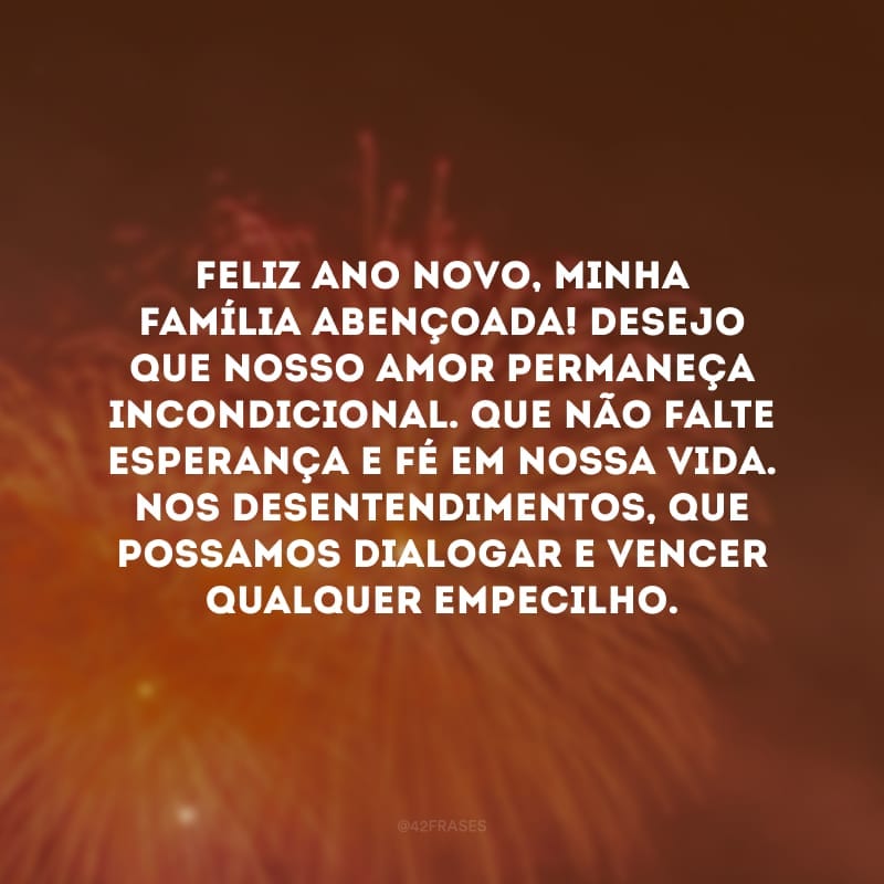 Feliz Ano Novo, minha família abençoada! Desejo que nosso amor permaneça incondicional. Que não falte esperança e fé em nossa vida. Nos desentendimentos, que possamos dialogar e vencer qualquer empecilho.