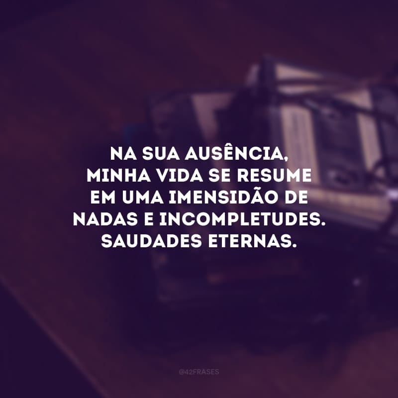 Na sua ausência, minha vida se resume em uma imensidão de nadas e incompletudes. Saudades eternas.