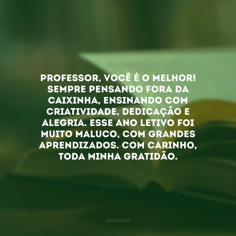 Professor, você é o melhor! Sempre pensando fora da caixinha, ensinando com criatividade, dedicação e alegria. Esse ano letivo foi muito maluco, com grandes aprendizados. Com carinho, toda minha gratidão.