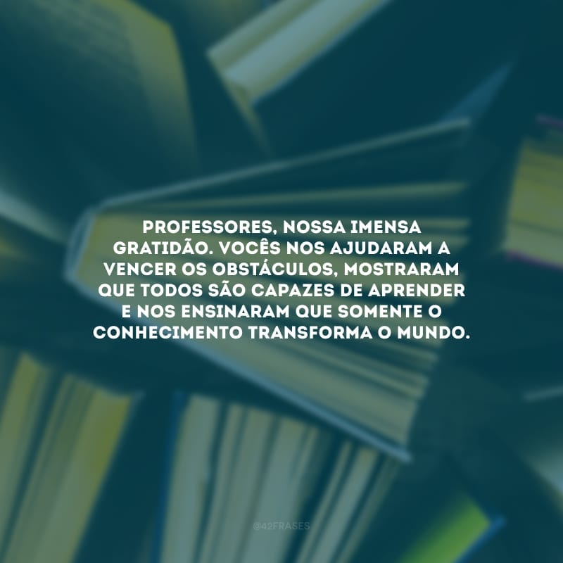 Professores, nossa imensa gratidão. Vocês nos ajudaram a vencer os obstáculos, mostraram que todos são capazes de aprender e nos ensinaram que somente o conhecimento transforma o mundo. 